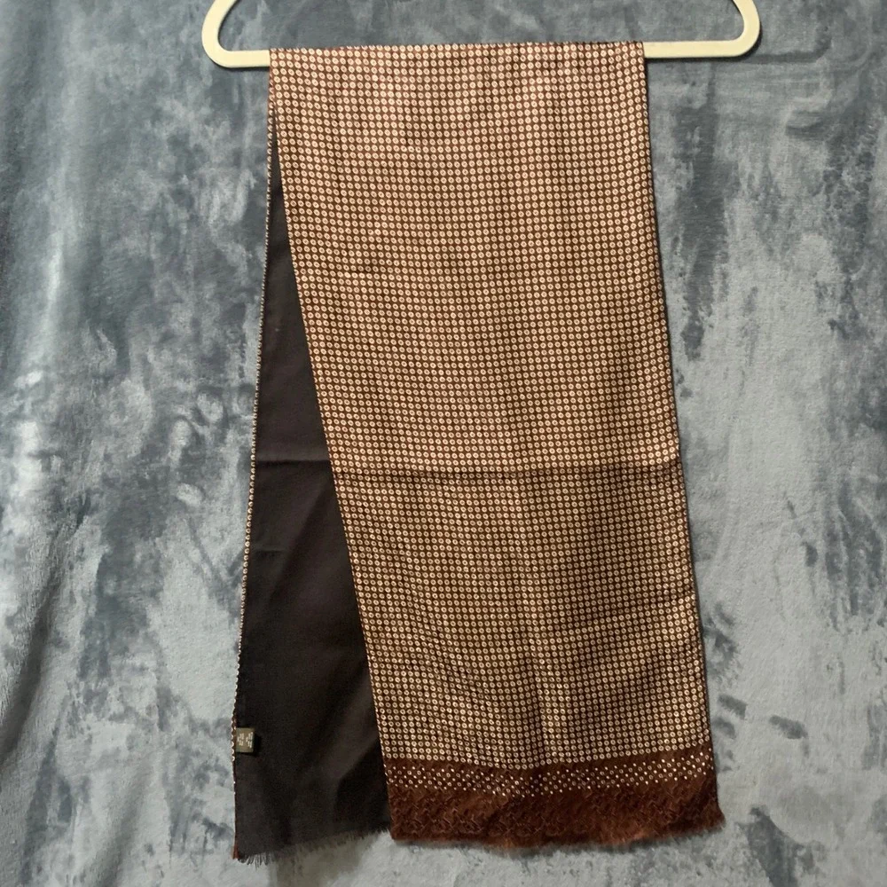 Scarf Mens Silk Wool Double Sided Brown Geometric Medallion Italy Quiet Luxury